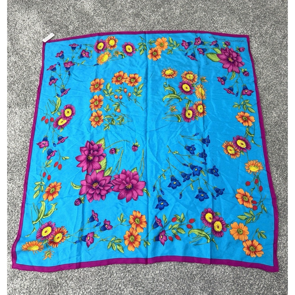 Vintage Adrienne Vittadini Silk Scarf Vibrant Purple Blue Floral 30" Square Tie - Picture 7 of 9